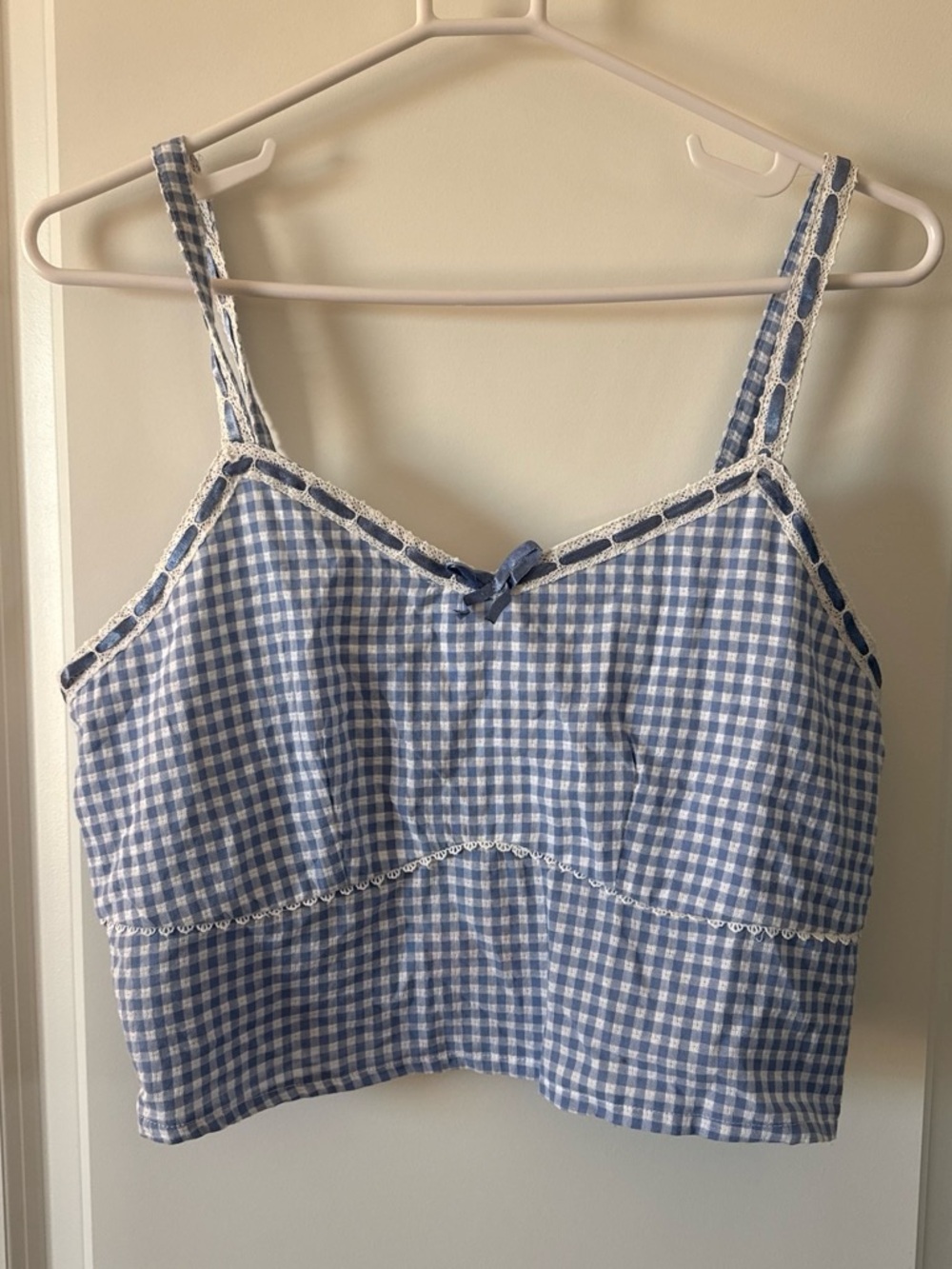 Japna Blue Gingham Lace-Trim Crop Tank